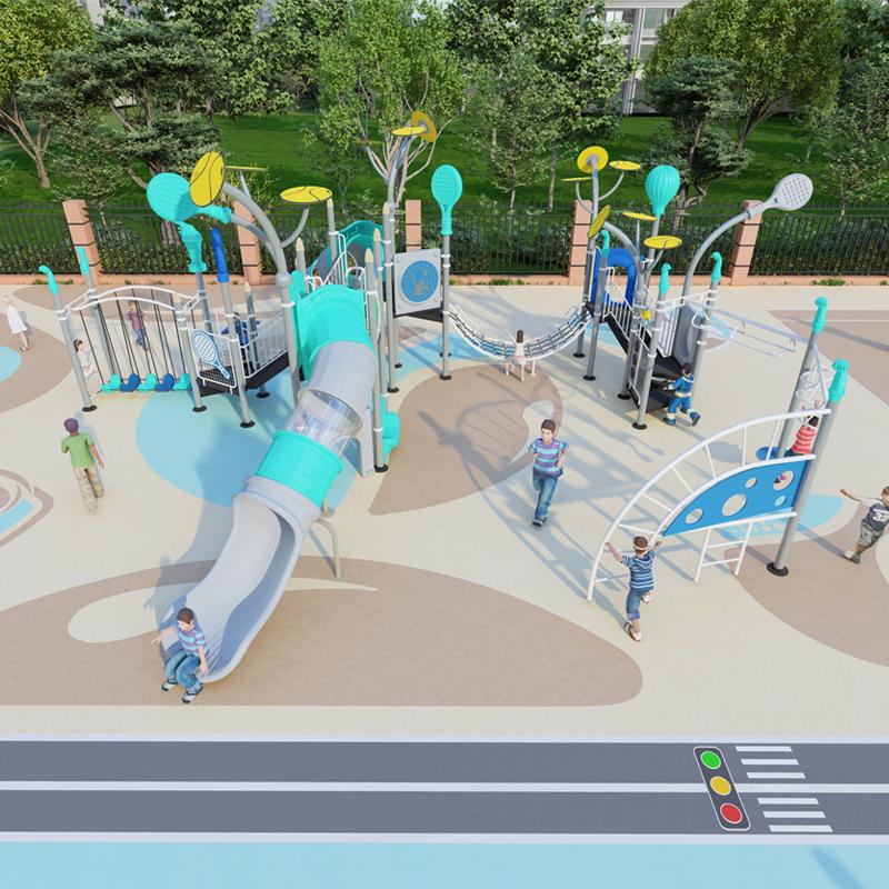 A large outdoor combination slide in the residential area