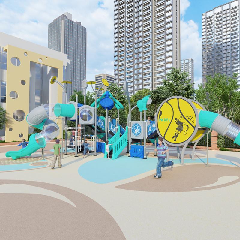 A large outdoor combination slide with a tennis theme series