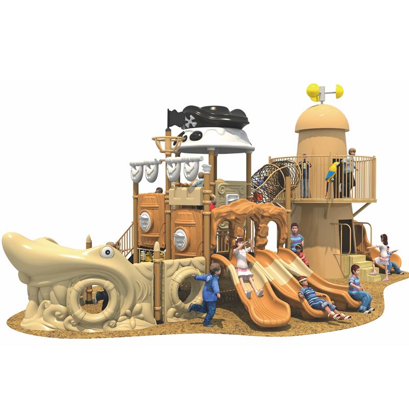 A large outdoor slide with a pirate ship theme in the park